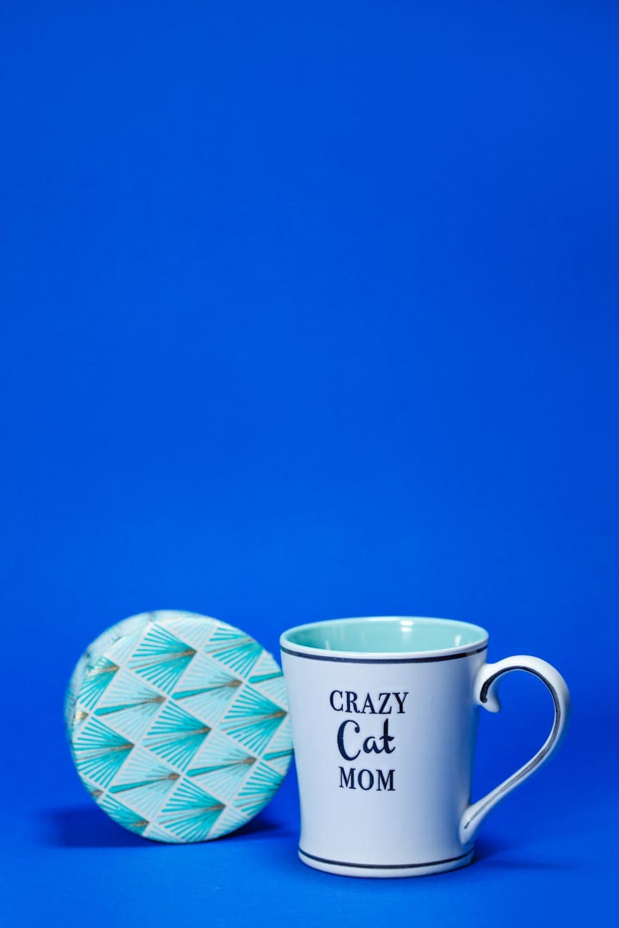 Vibrant ceramic mug with 'Crazy Cat Mom' text against a blue background. Perfect gift idea.